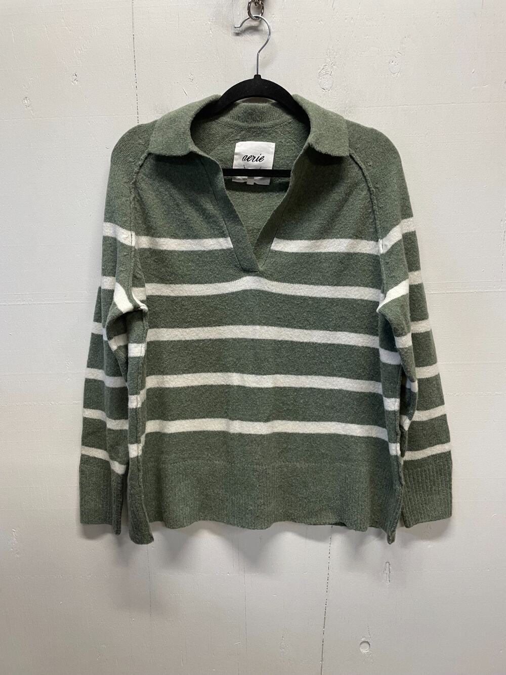 Aerie Women's Oversized Sweater With Collar Size XXS Sage Green & Cream Striped